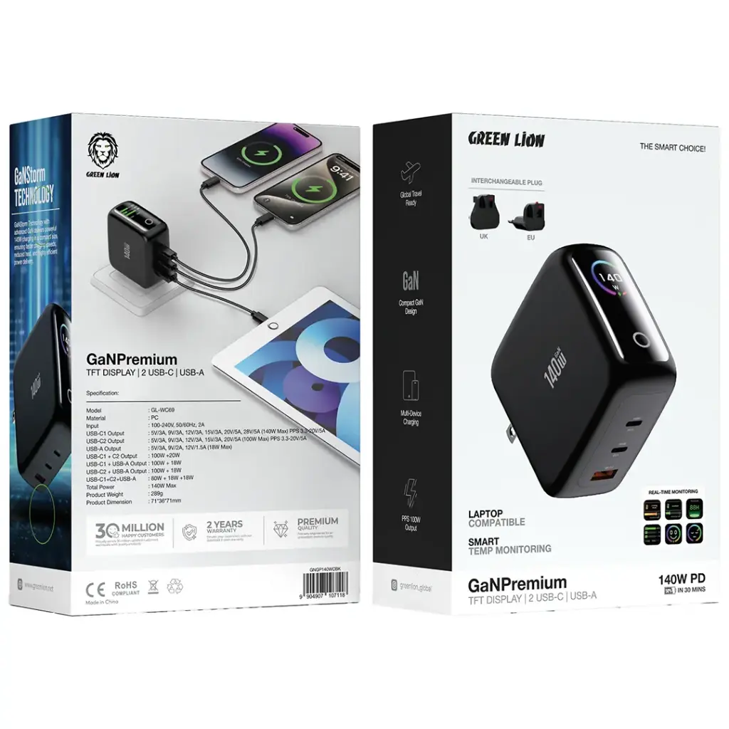 Green Lion GaNPremium Wall Charger PD 140W with UK and EU Plug 2