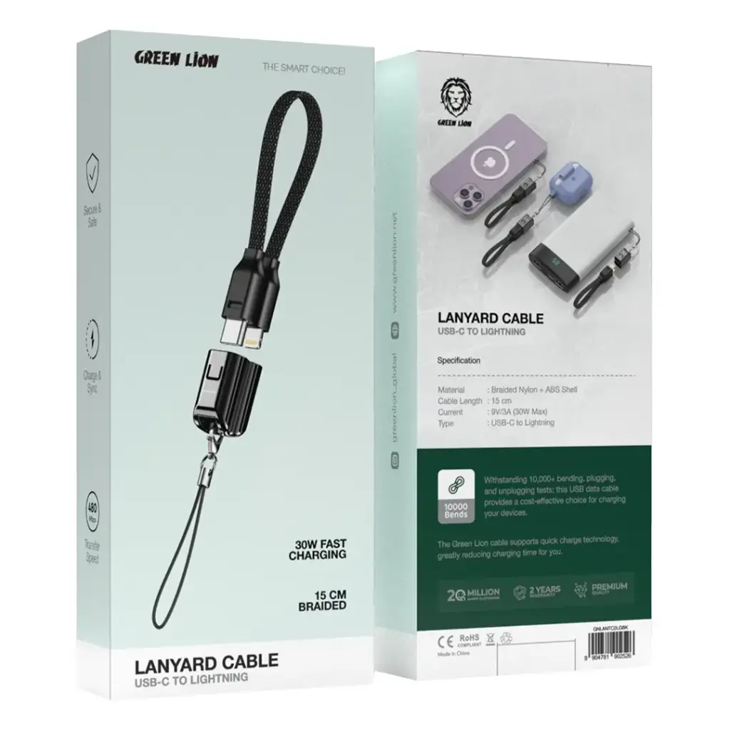 Green Lion USB-C to Lightning Lanyard Cable 15cm Braided 30W 2