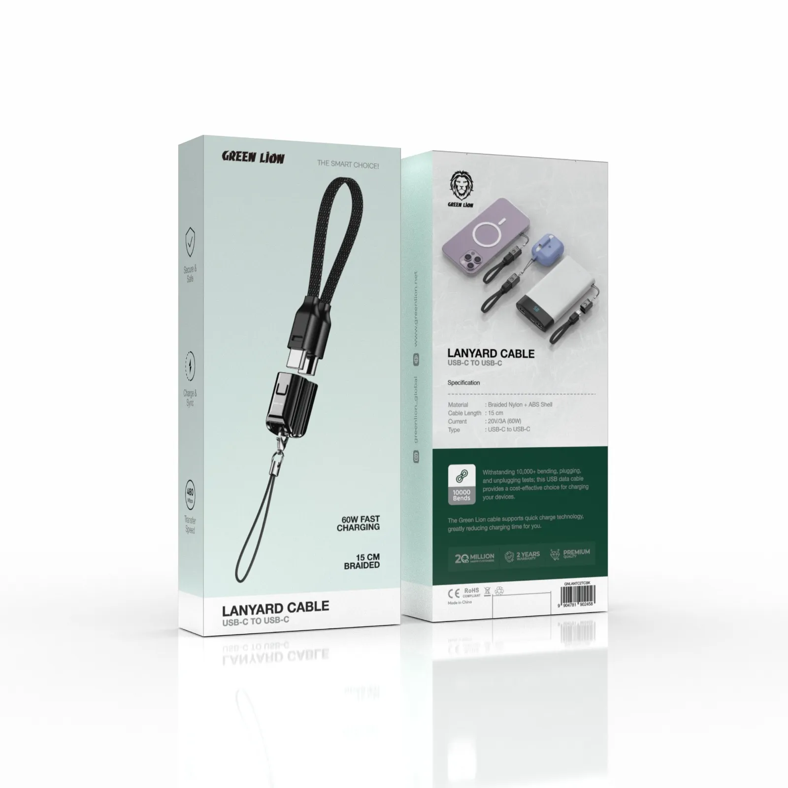 Green Lion Lanyard Cable USB-C To USB-C 15cm Braided 60W 2
