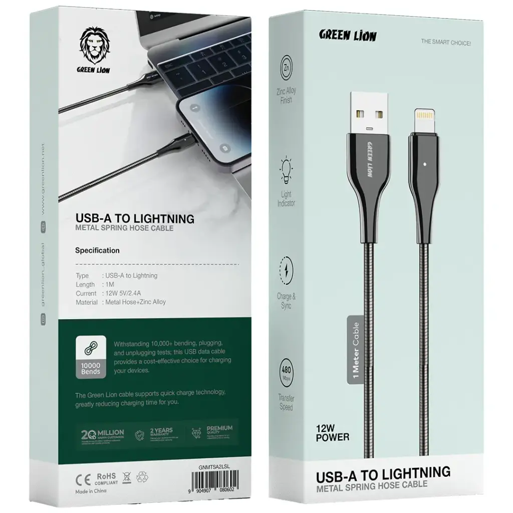 Green Lion Metal Spring Hose USB-A to Lightning Cable 1M 12W 2