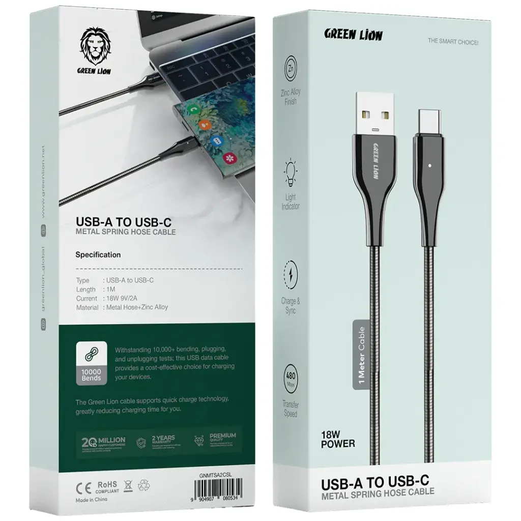 Green Lion Metal Spring Hose Cable USB-A To USB-C 18W 1M Cable 2