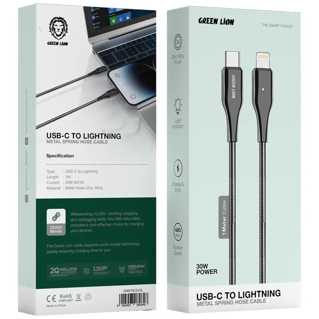 Green Lion Metal Spring Hose Cable USB-C To Lightning 30W 1M Cable 2