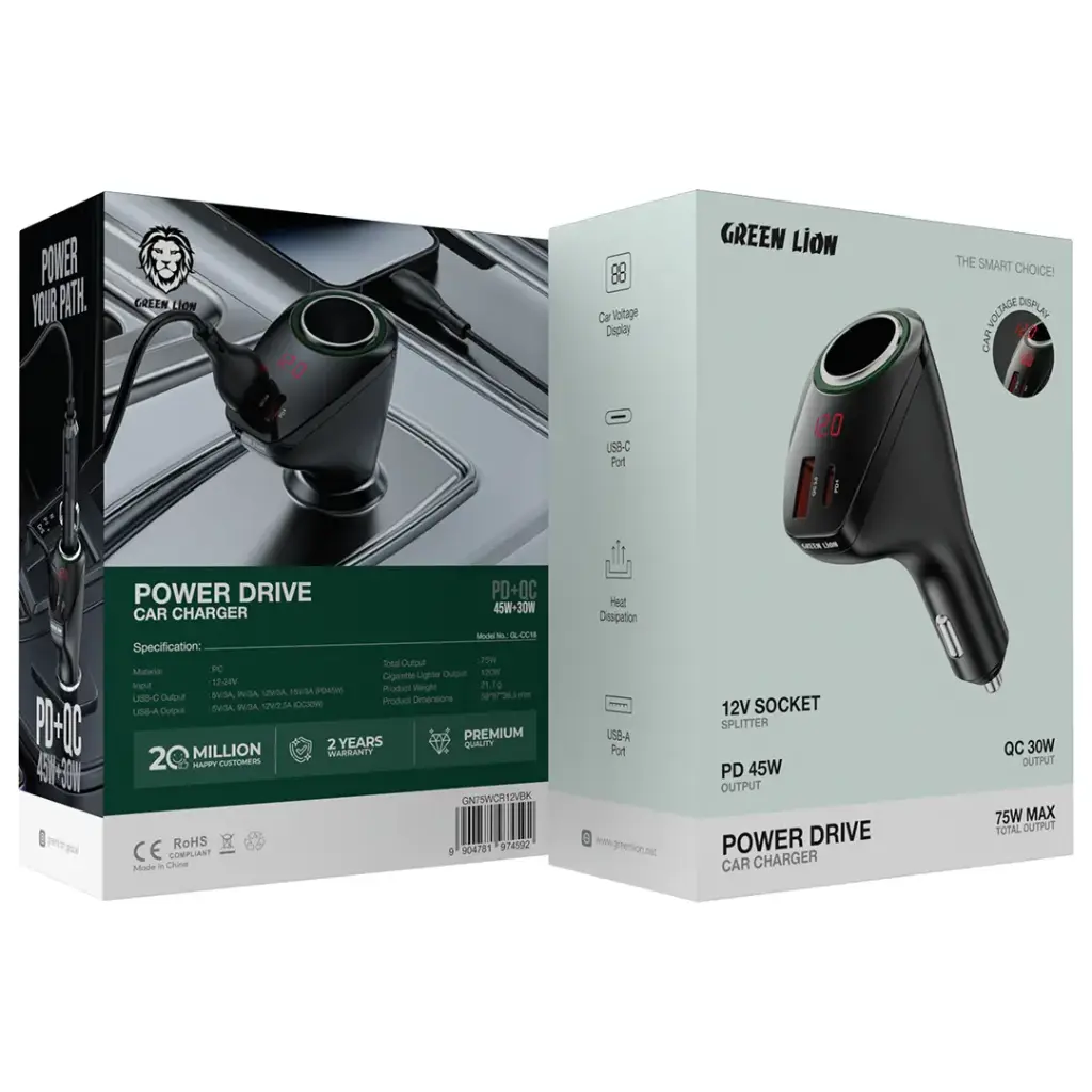 Green Lion Power Drive 75W Car Charger PD+QC 45W 12V Socket 2