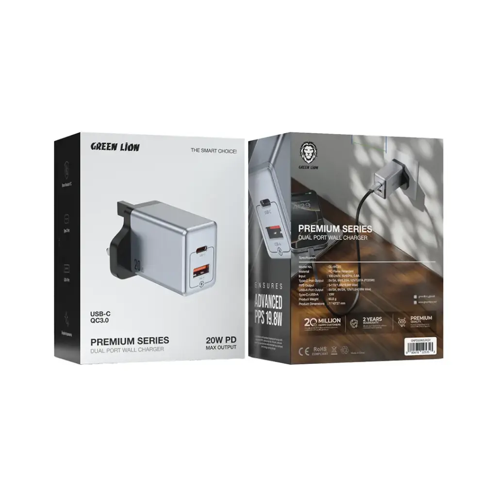 Green Lion Premium Series Dual Port Wall Charger PD 20W 2