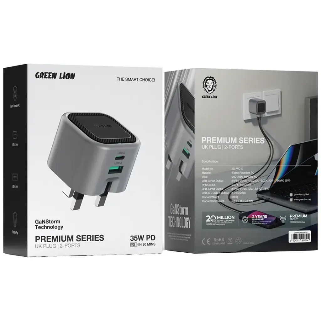 Green Lion Premium Series Foldable Wall Charger UK Plug PD 35W 2