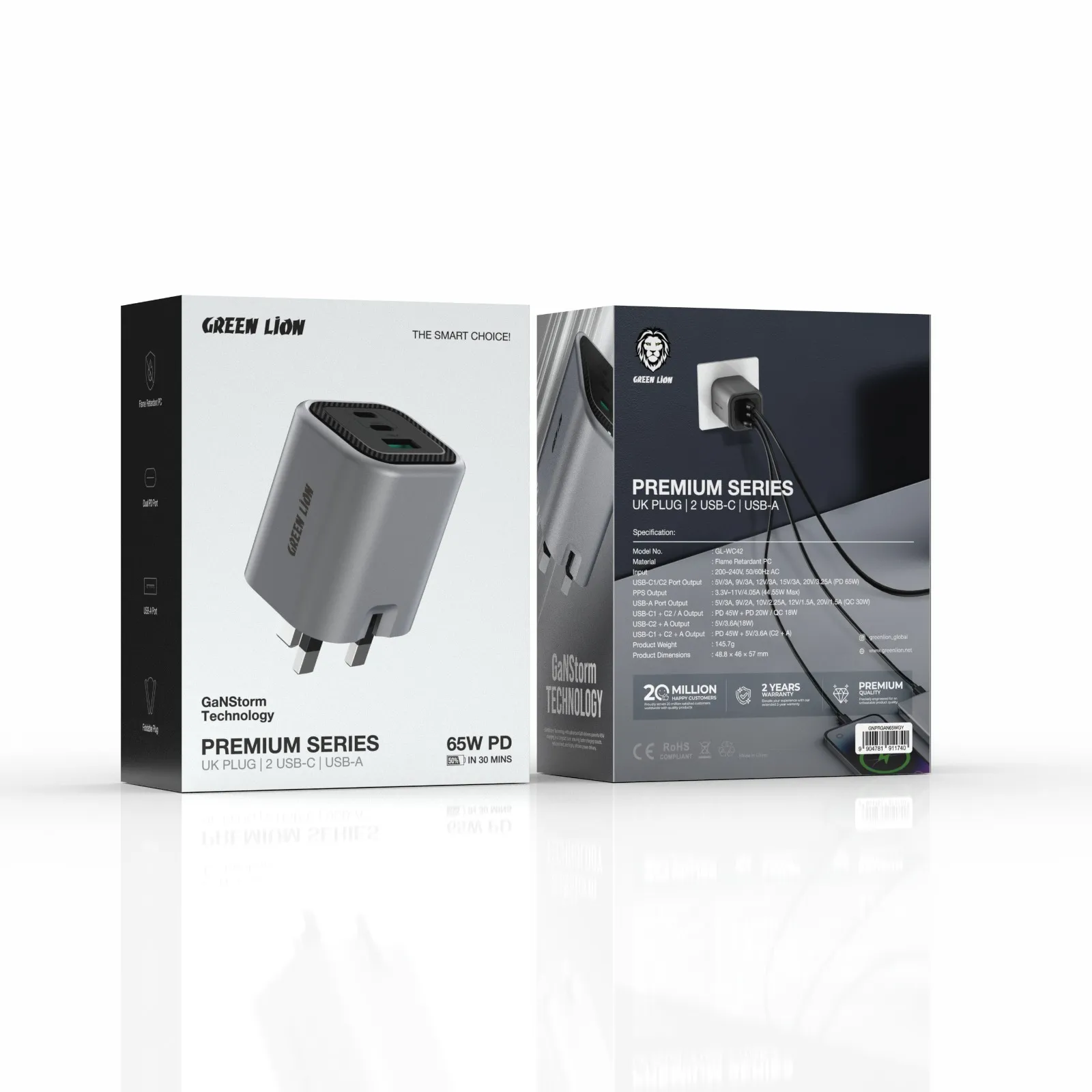 Green Lion Premium Series Foldable Wall Charger UK Plug PD 65W 2