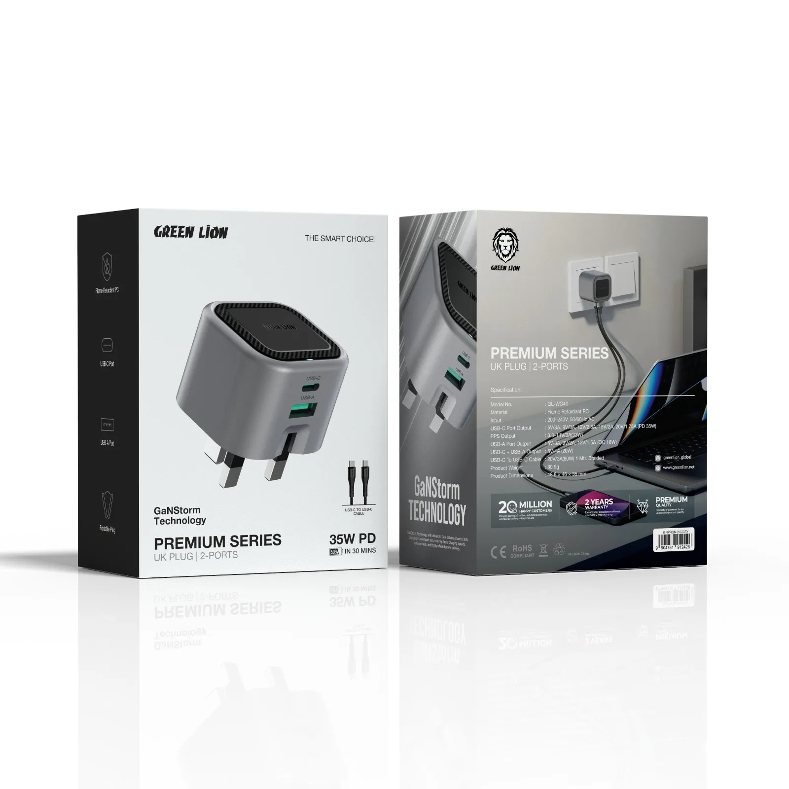 Green Lion Premium Series UK Plug Wall Charger - 2 Port, PD 35W, C to C Cable 2
