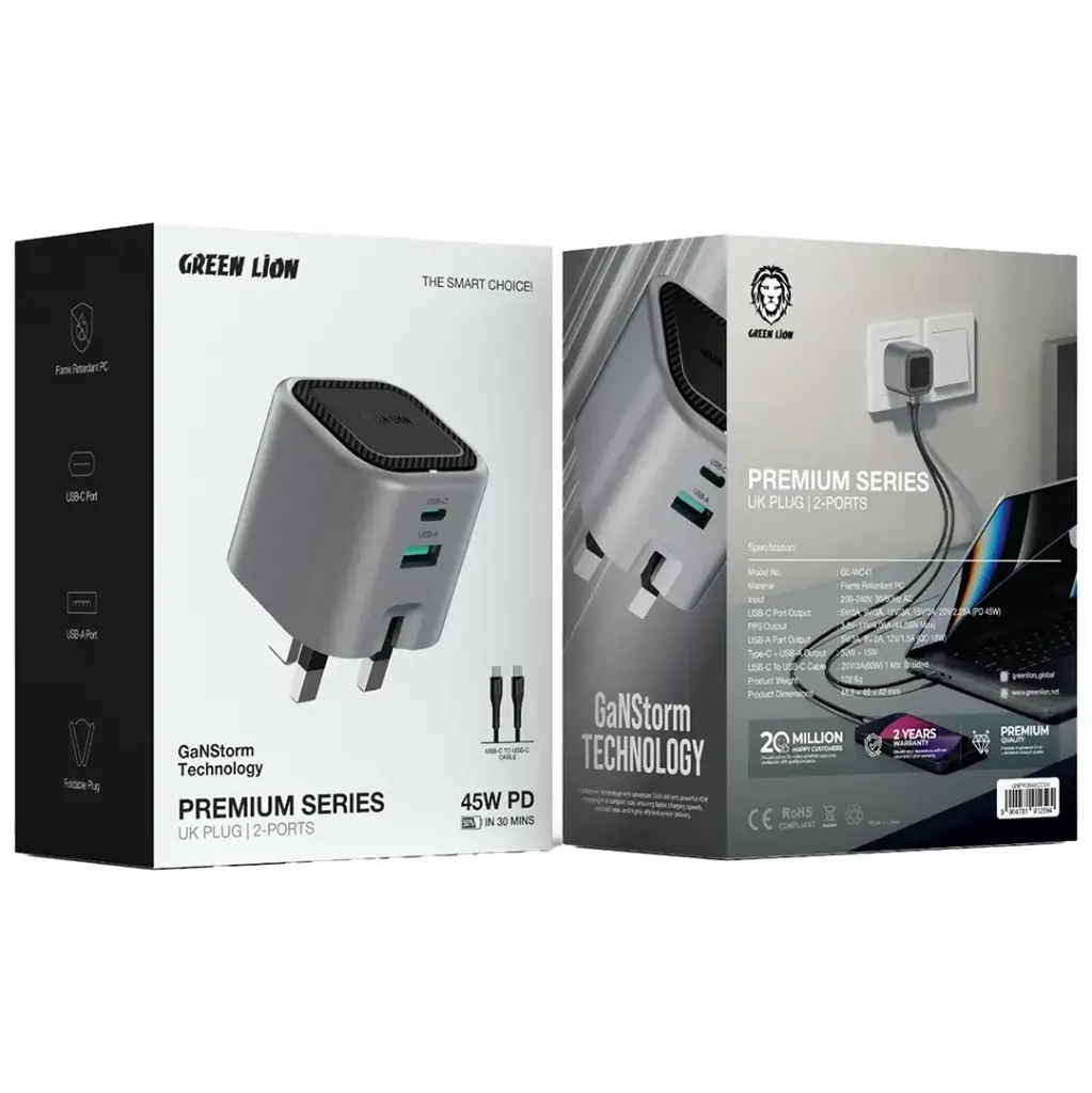 Green Lion Premium Series UK Plug Wall Charger - 2 Port, PD 45W, C to C Cable 2