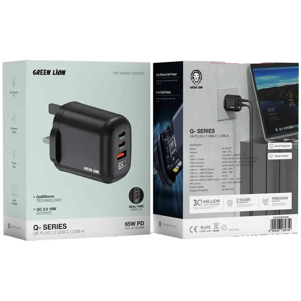 Green Lion Q-Series UK Plug Wall Charger PD 65W A+C+C Port 2