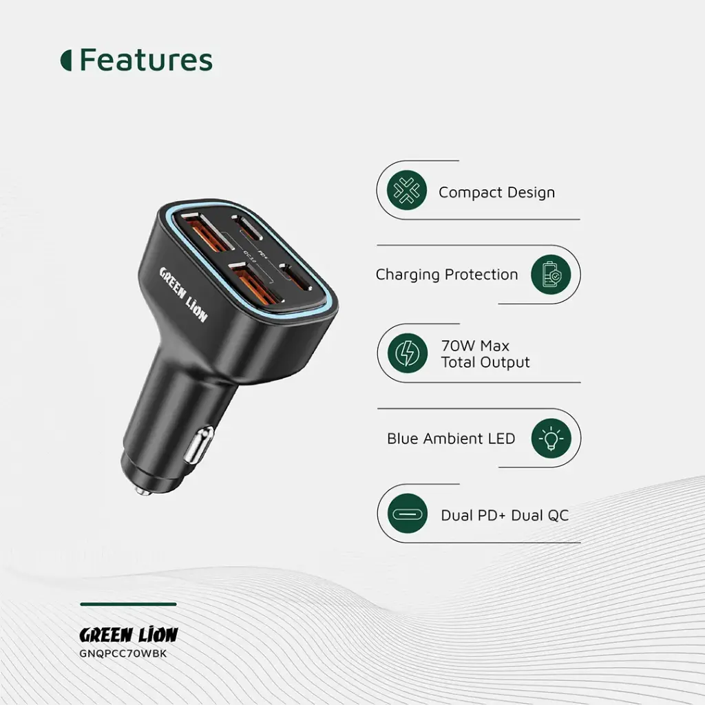 Green Lion Quad Port 70W Car Charger PD+QC 35W 7