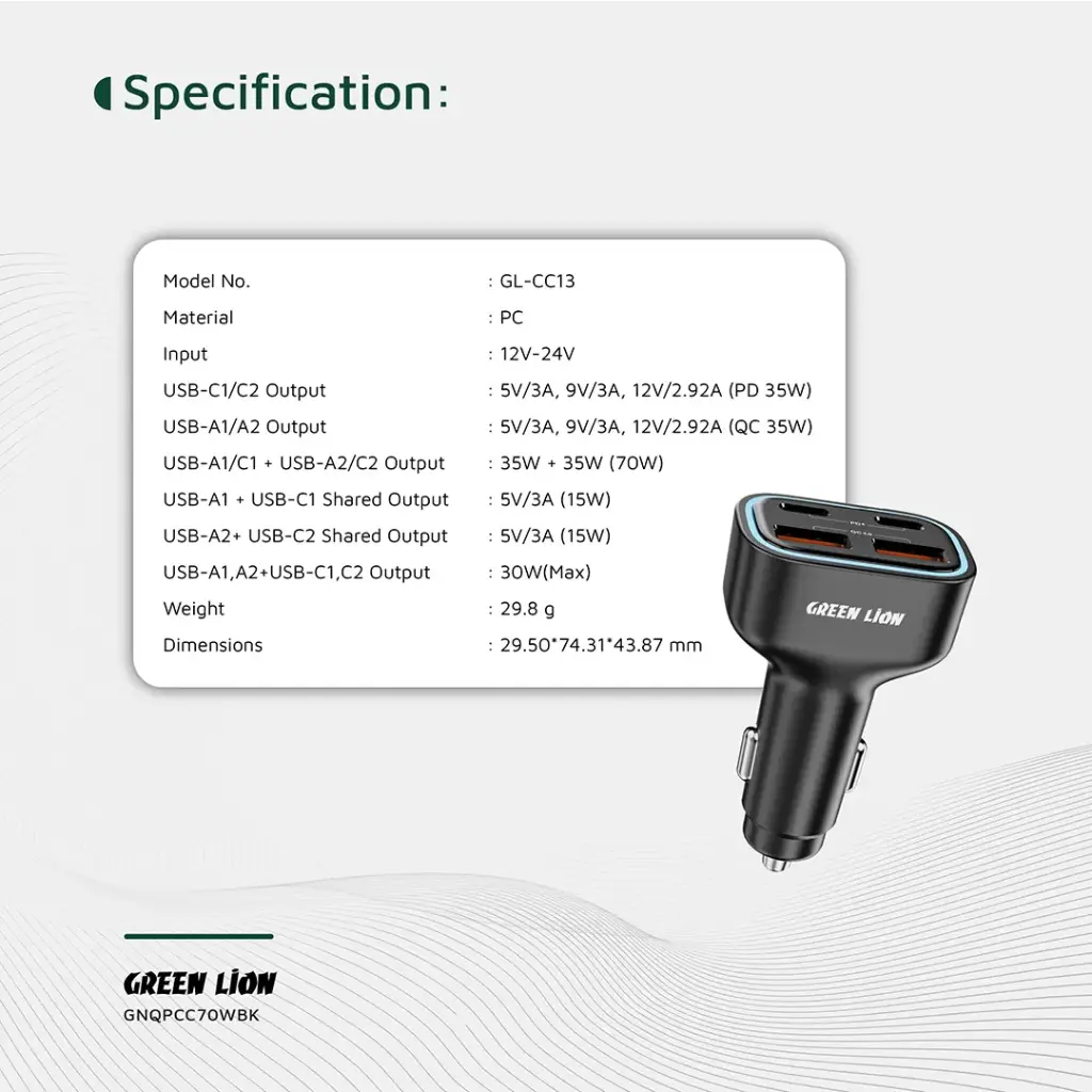 Green Lion Quad Port 70W Car Charger PD+QC 35W 8