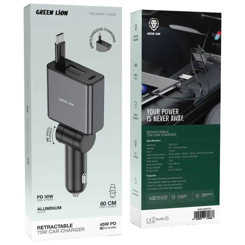 Green Lion Retractable 75W Car Charger PD 45W 2