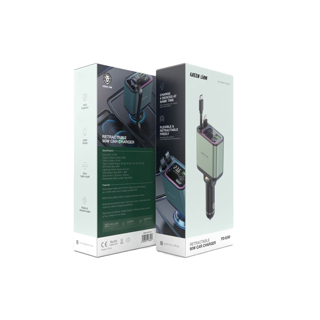 Green Lion Retractable 90W Car Charger PD-65W 2