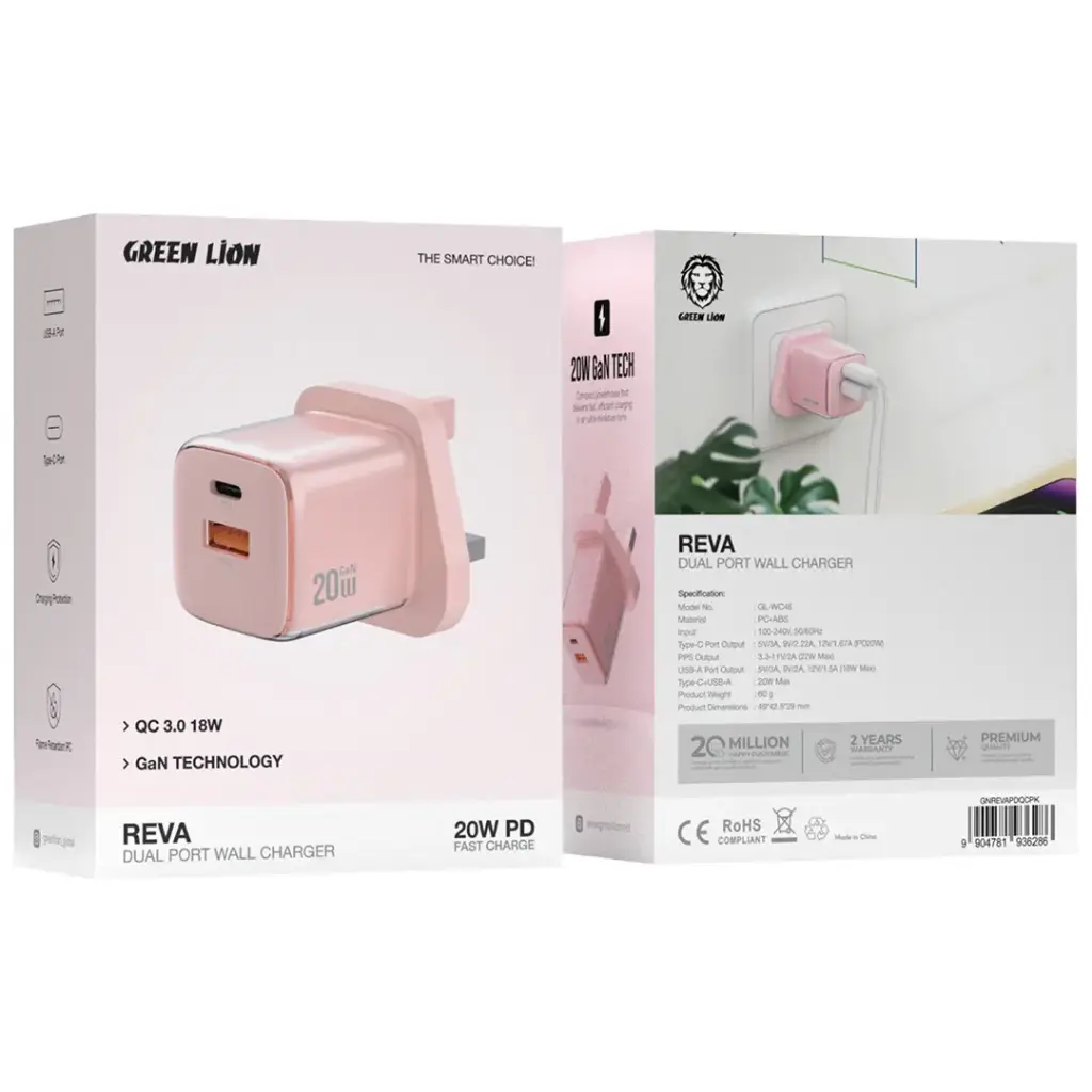 Green Lion Reva Dual Port Wall Charger PD+QC 20W 2