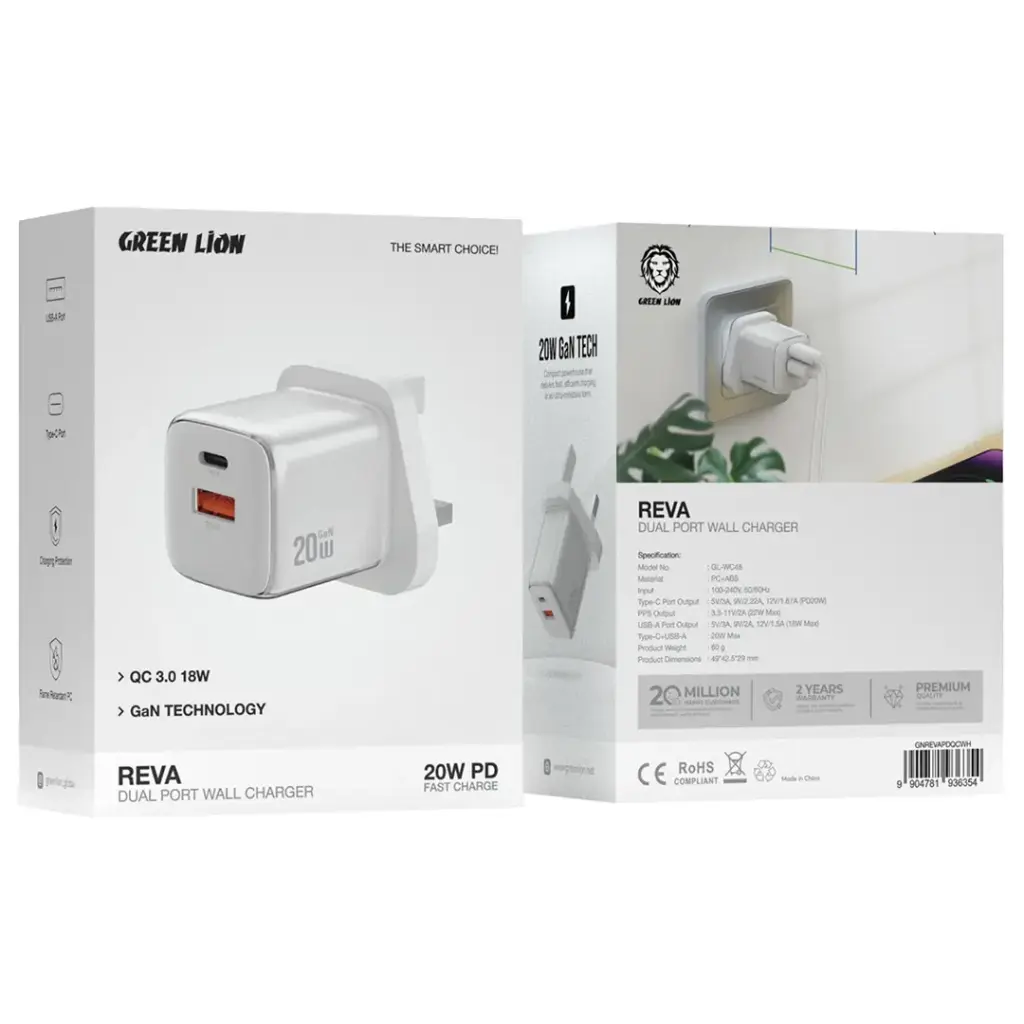 Green Lion Reva Dual Port Wall Charger PD+QC 20W 2