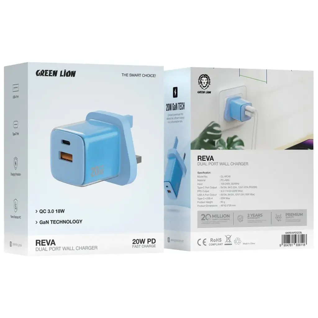 Green Lion Reva Dual Port Wall Charger PD+QC 20W 2