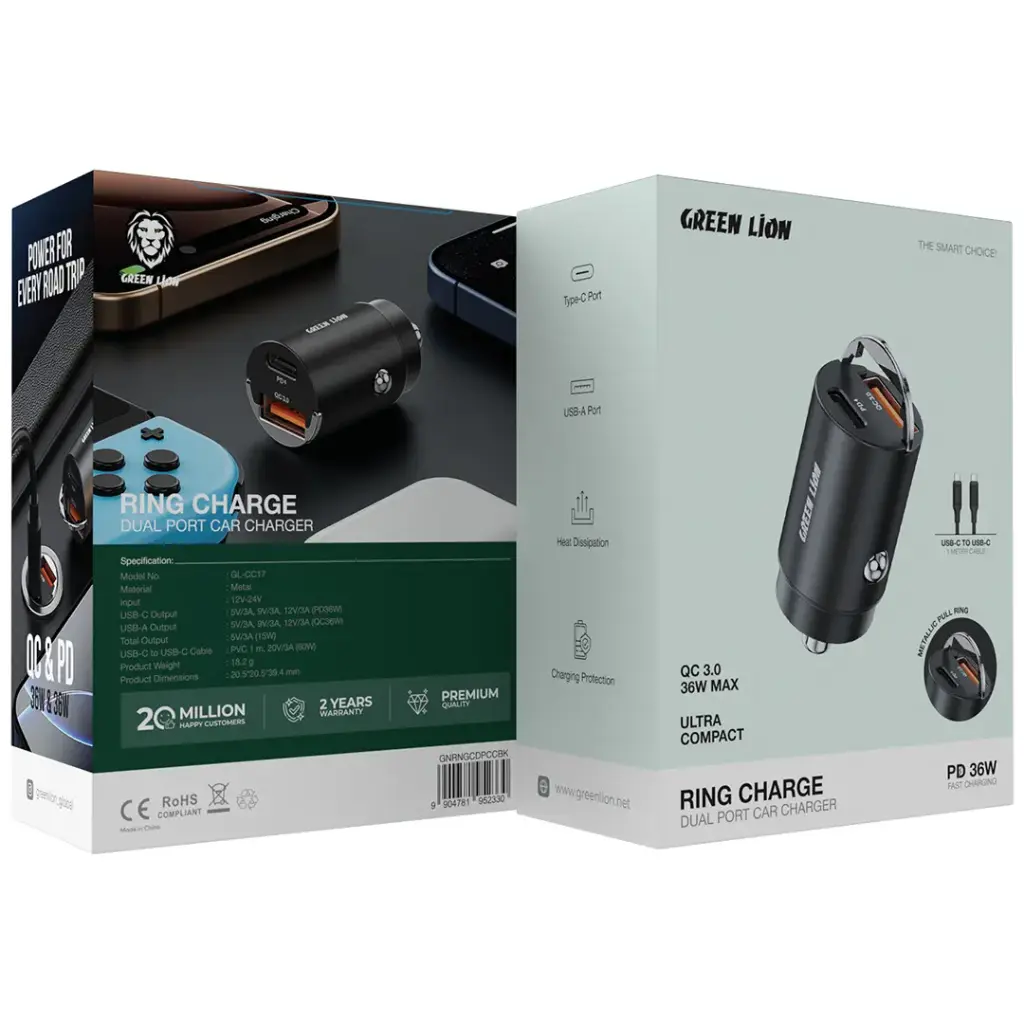Green Lion Ring Charge Dual Port Car Charger PD 36W C to C 1m Cable 2