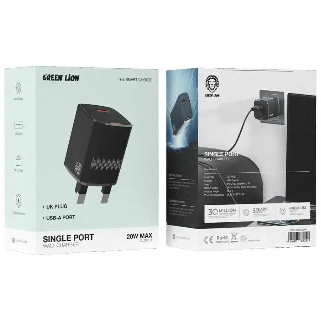 Green Lion 20W USB-A Single Port Wall Charger UK Plug 2
