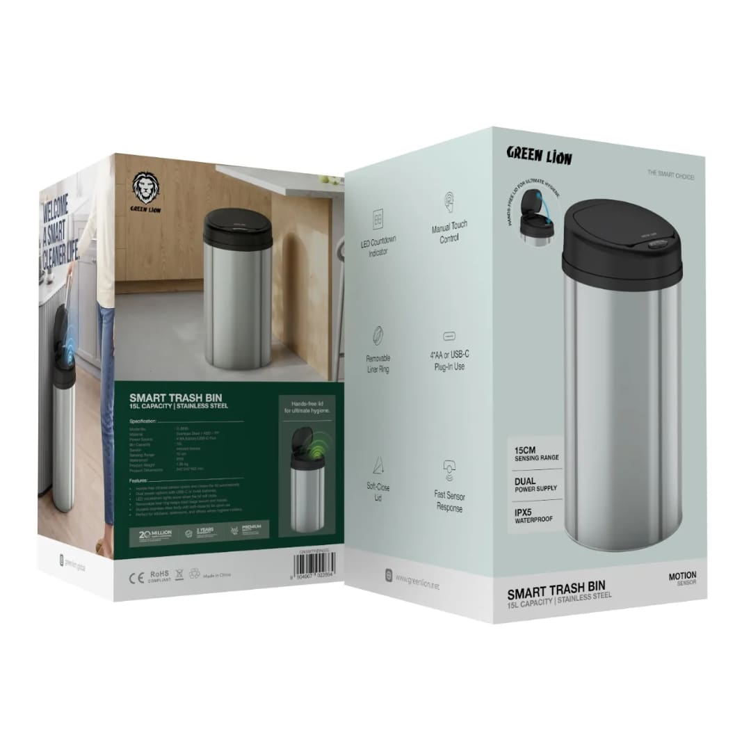 Green Lion Smart Trash Bin 15L Stainless Steel 2