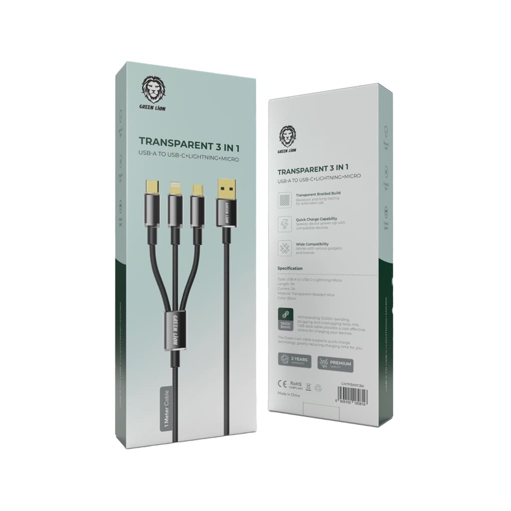 Green Lion Transparent 3 In 1 USB-A To USB-C + Lightning + Micro 2