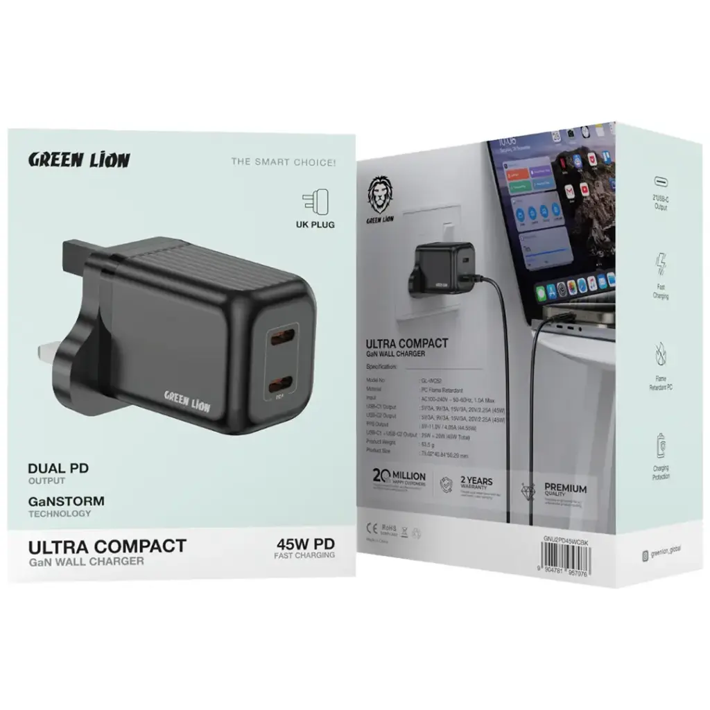 Green Lion Ultra Compact GaN Wall Charger Dual PD 45W 2