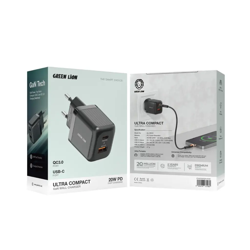 Green Lion Ultra Compact GaN Wall Charger EU Pin A+C PD20W + QC3.0 2