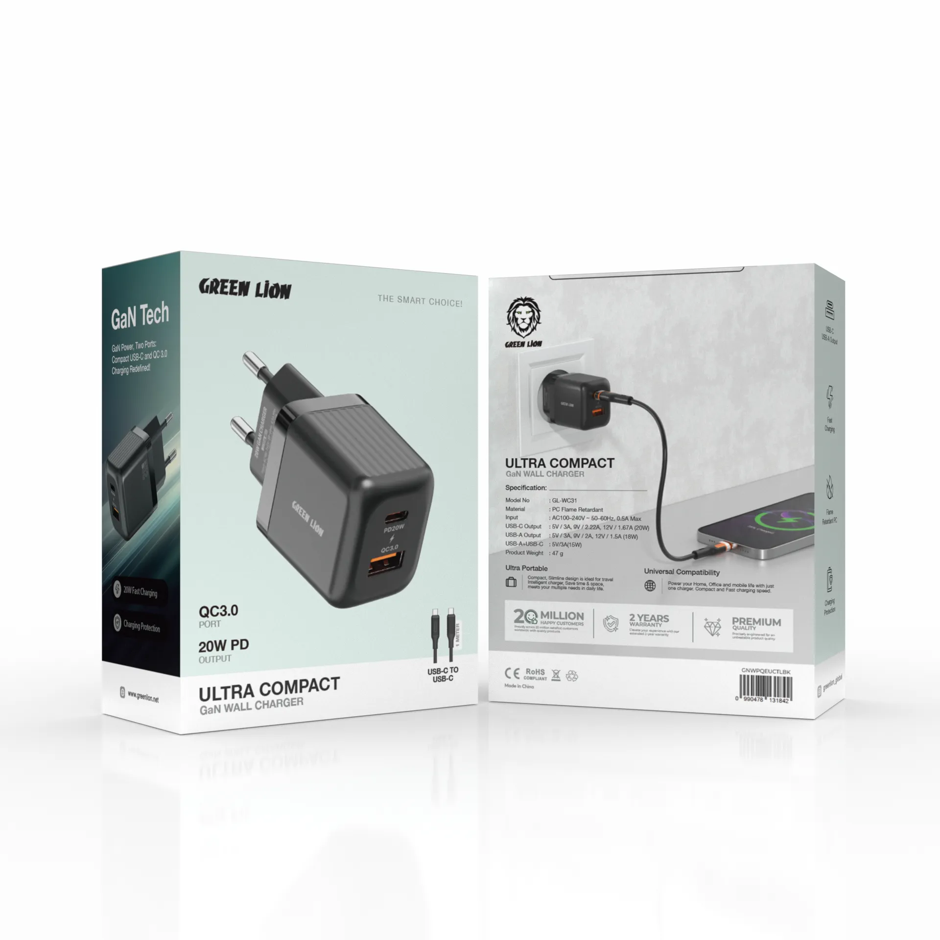Green Lion Ultra Compact GaN Wall Charger EU Pin C to L PD20W + QC3.0 2