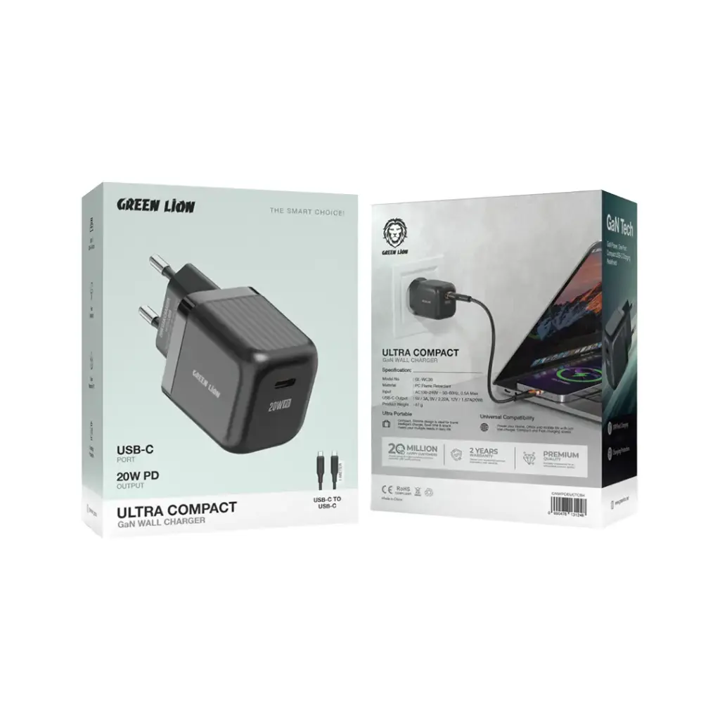 Green Lion Ultra Compact GaN Wall Charger EU Pin PD 20W C to C 2