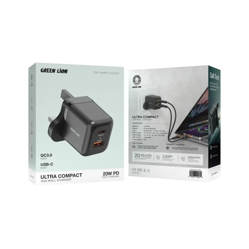 Green Lion Ultra Compact GaN Wall Charger UK Pin A+C PD20W + QC3.0 2