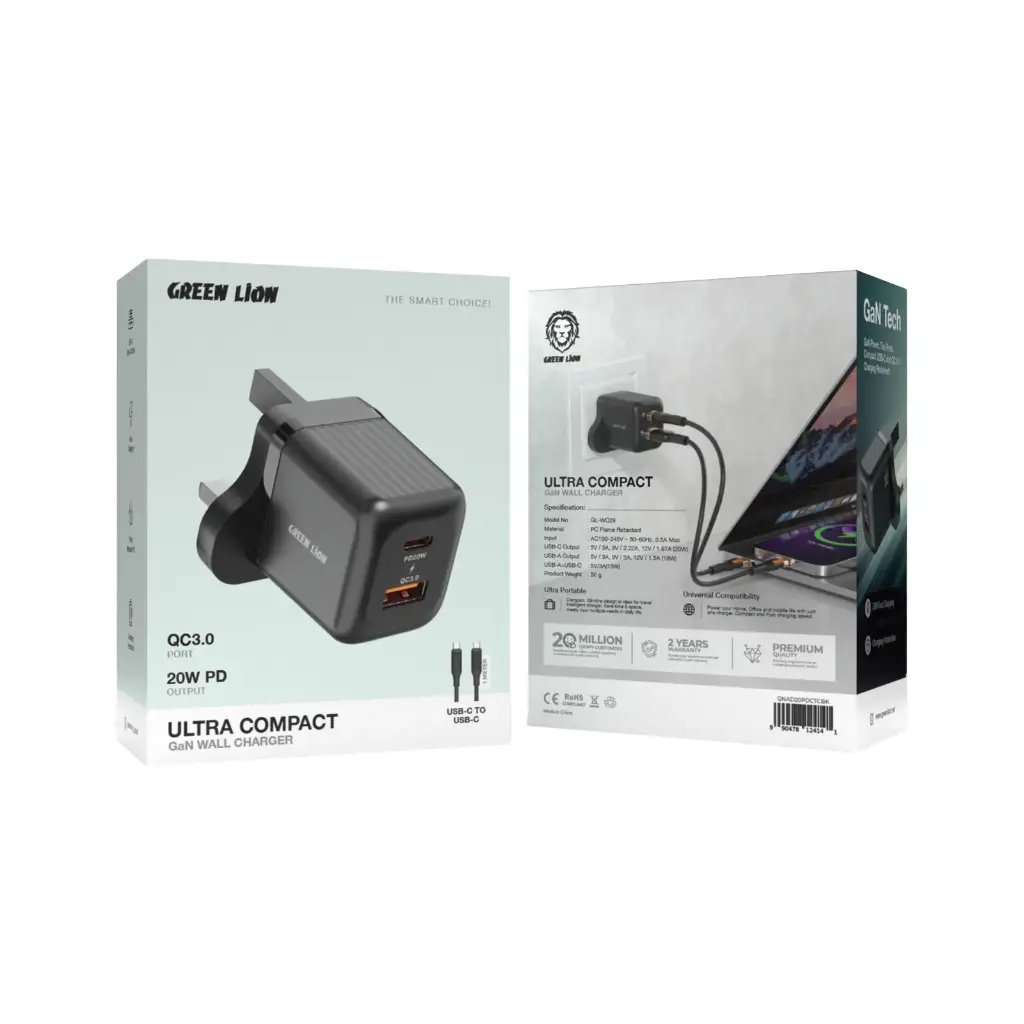 Green Lion Ultra Compact GaN Wall Charger UK Pin C to C PD20W + QC3.0 2