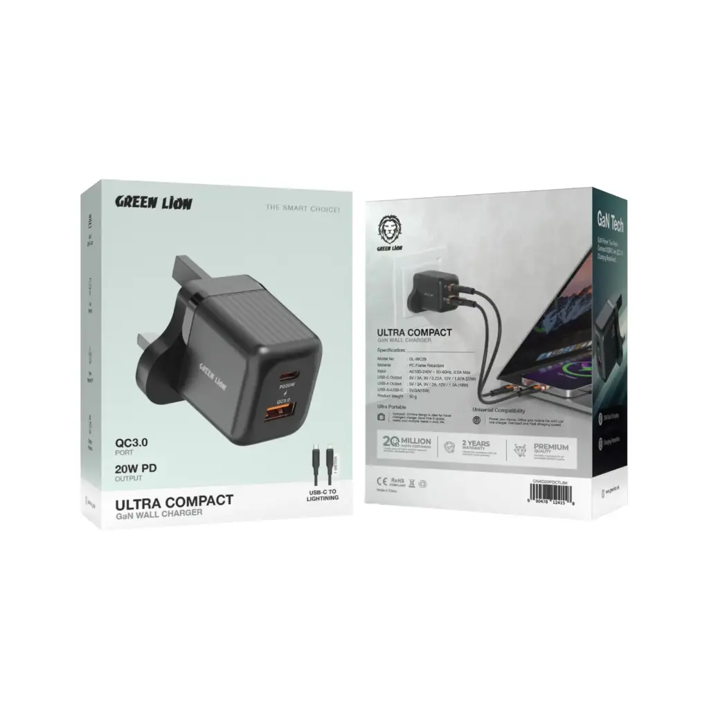 Green Lion Ultra Compact GaN Wall Charger UK Pin C to L PD20W + QC3.0 2