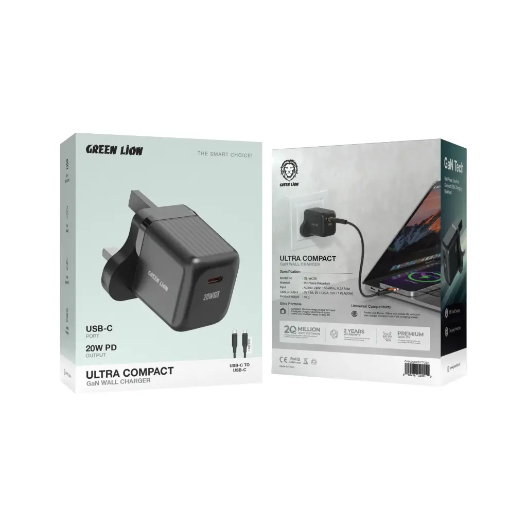 Green Lion Ultra Compact GaN Wall Charger UK Pin USB-C PD 20W C to C 2
