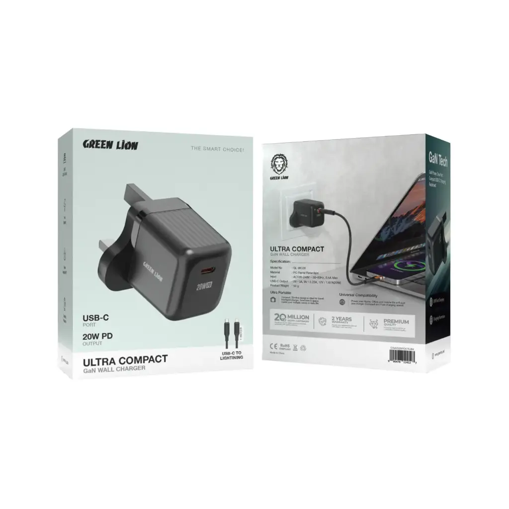 Green Lion Ultra Compact GaN Wall Charger UK Pin USB-C PD 20W C to L 2