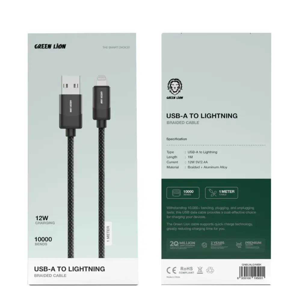 Green Lion USB-A to Lightning Braided Cable 1m 12W 2
