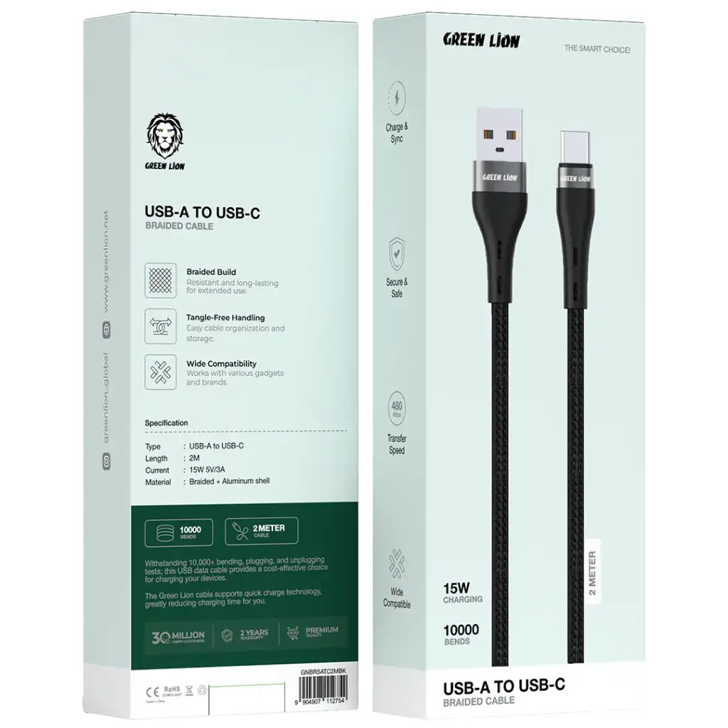 Green Lion USB-A to USB-C Braided Cable 2M 2