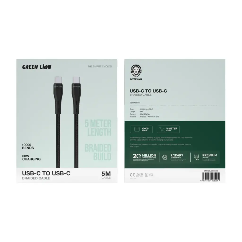Green Lion USB-C to USB-C Braided Cable 5mtr 60W 2