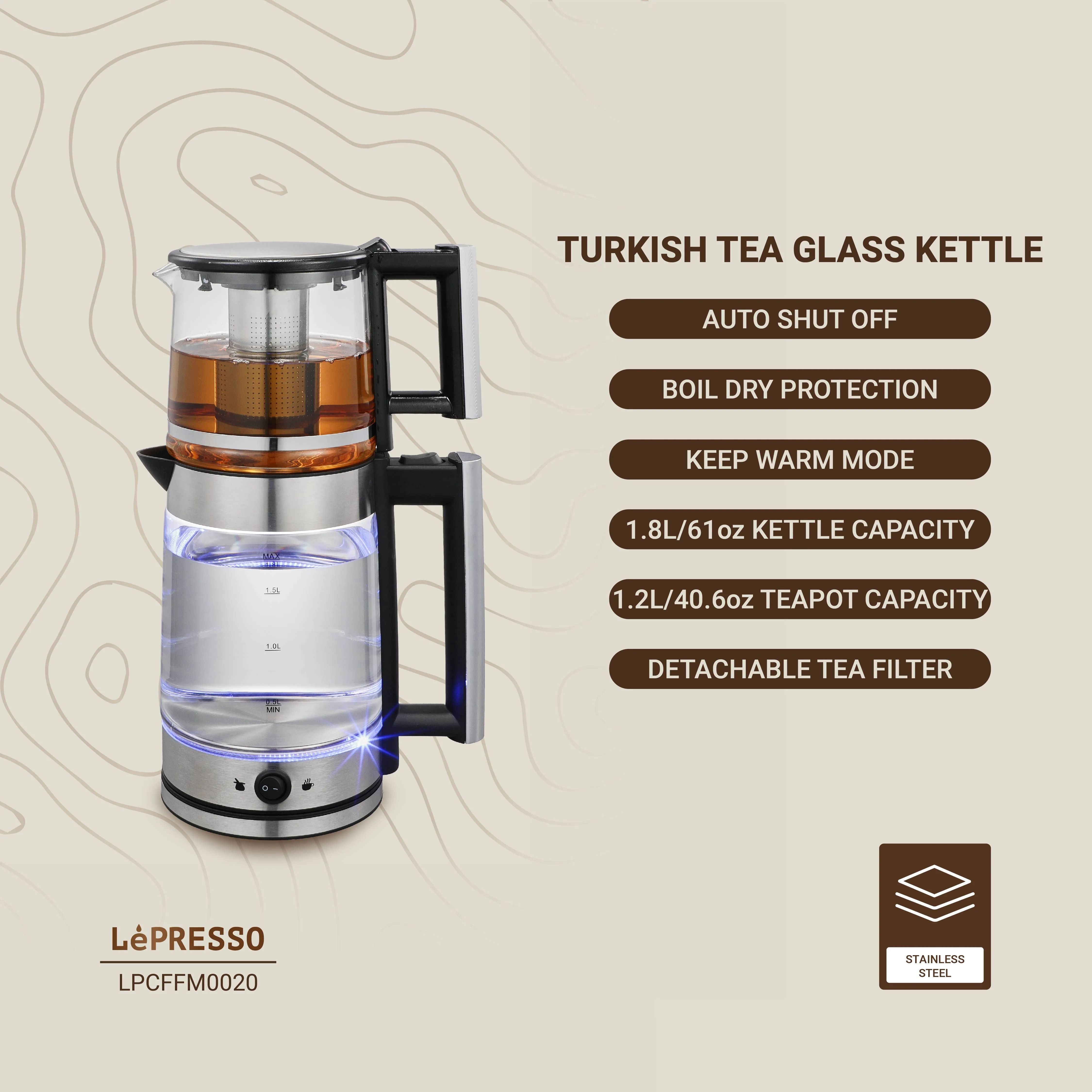 LePRESSO Electric Glass Tea Kettle with Infuser 8