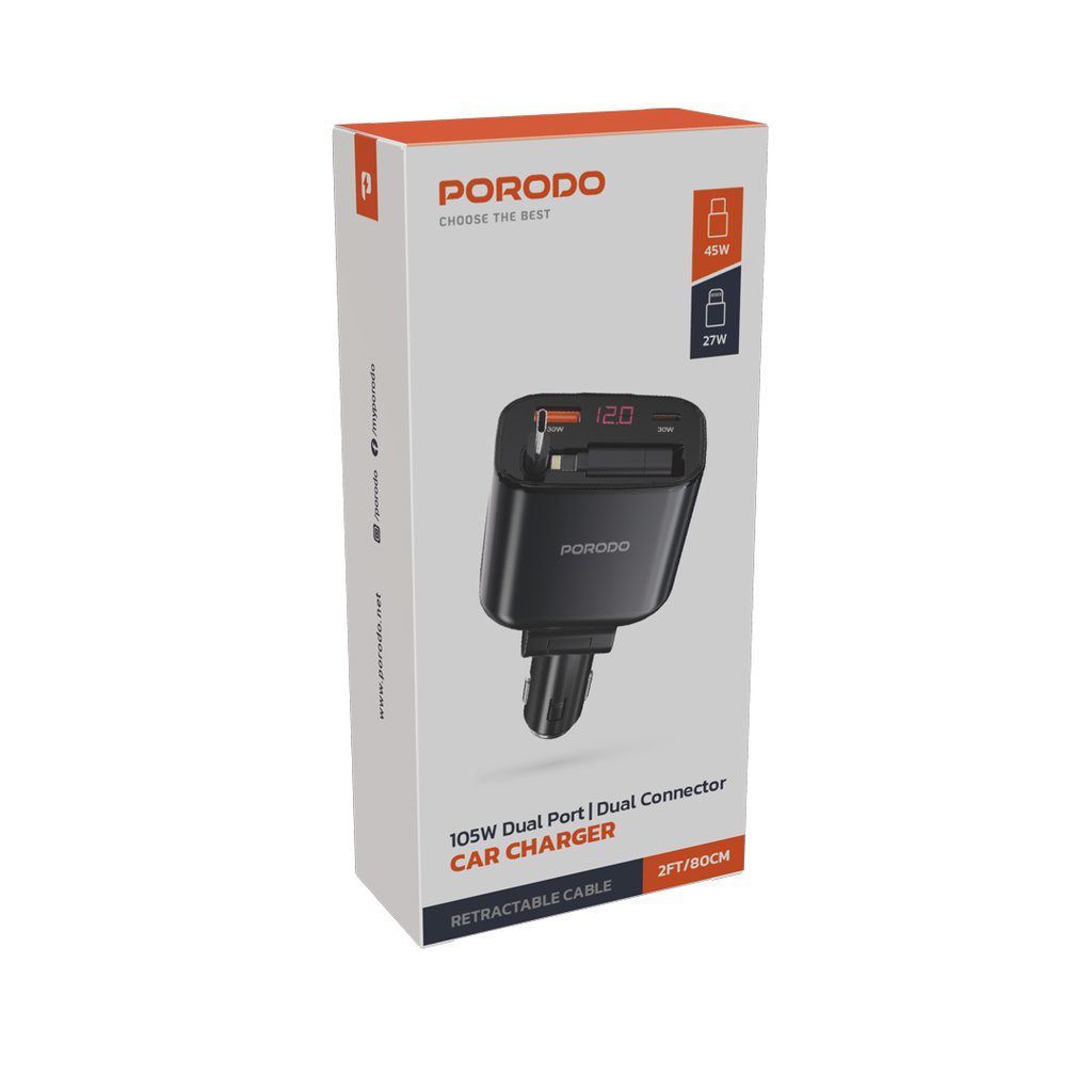 Porodo 105W Dual Port&amp; Dual Connector Car Charger With Retractable Cable 2