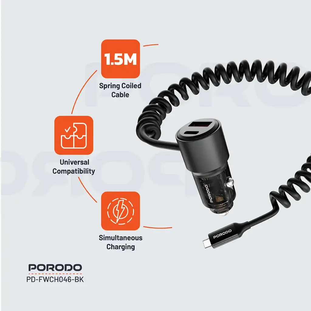 Porodo 110W Car Charger Transparent with Coiled Cable 5