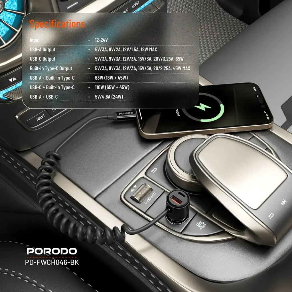 Porodo 110W Car Charger Transparent with Coiled Cable 6