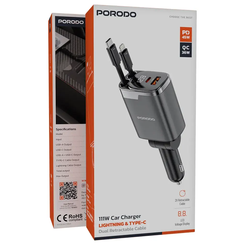 Porodo 111W Car Charger Lightning &amp; Type-C 3