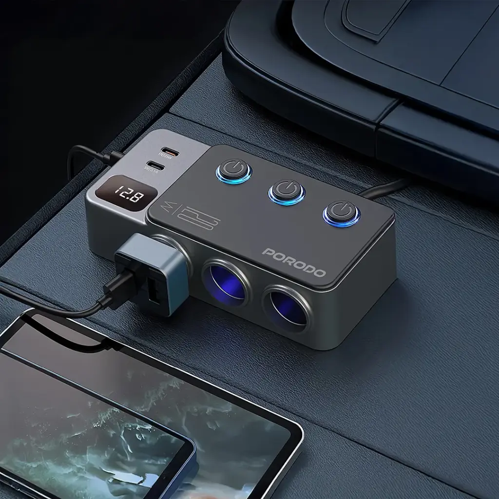 Porodo 120W Car Charger Hub Triple-Port Lighter Socket 3