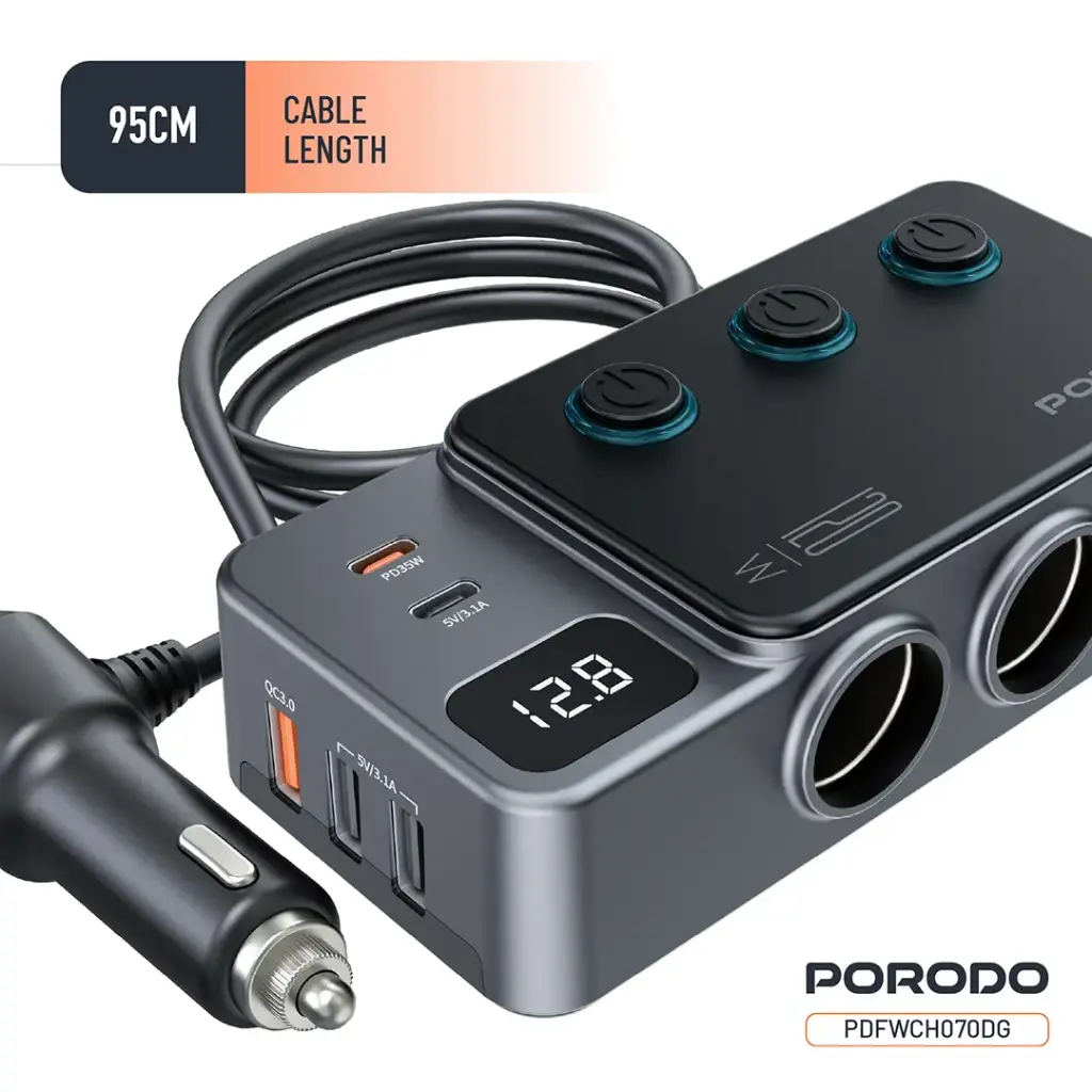 Porodo 120W Car Charger Hub Triple-Port Lighter Socket 4