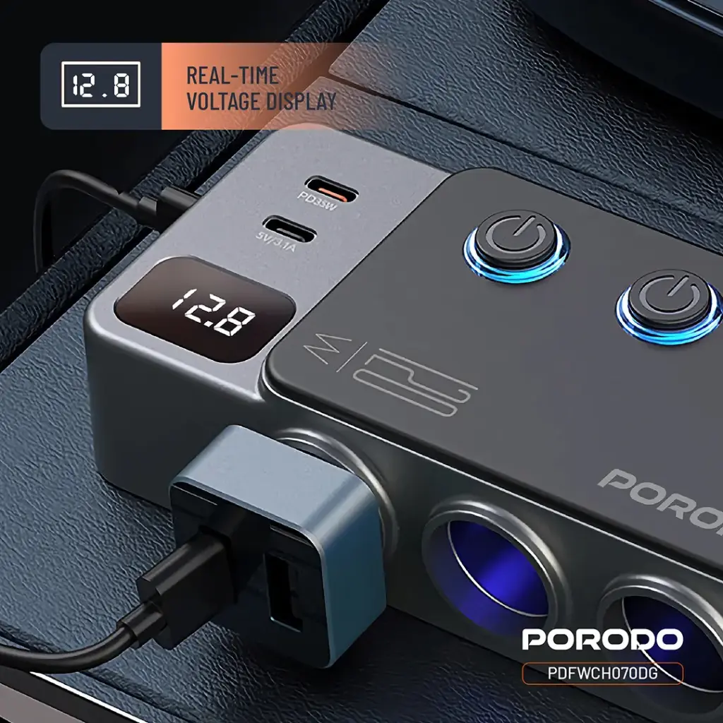 Porodo 120W Car Charger Hub Triple-Port Lighter Socket 5