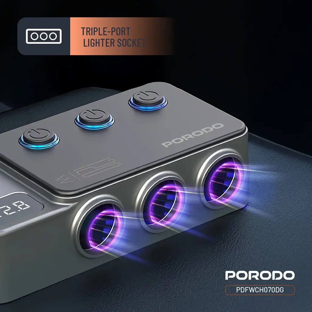 Porodo 120W Car Charger Hub Triple-Port Lighter Socket 6