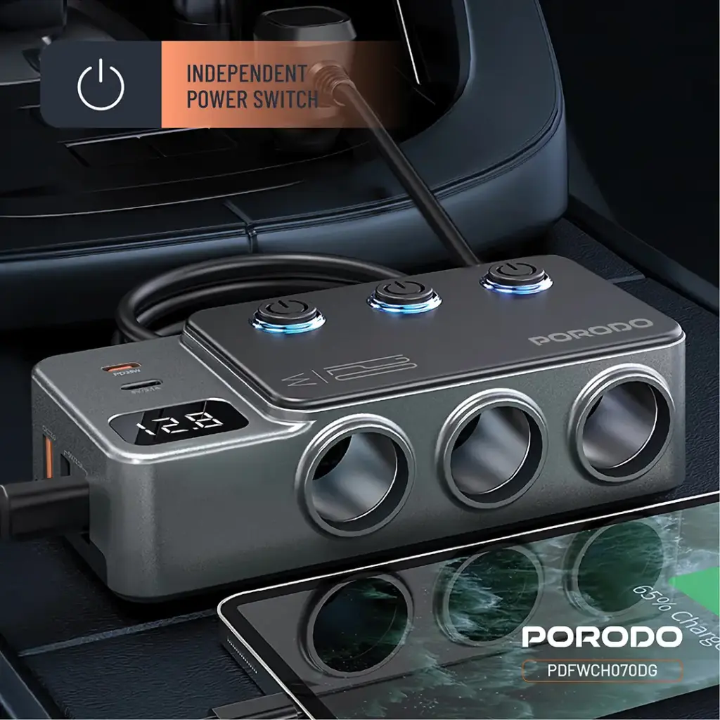 Porodo 120W Car Charger Hub Triple-Port Lighter Socket 7