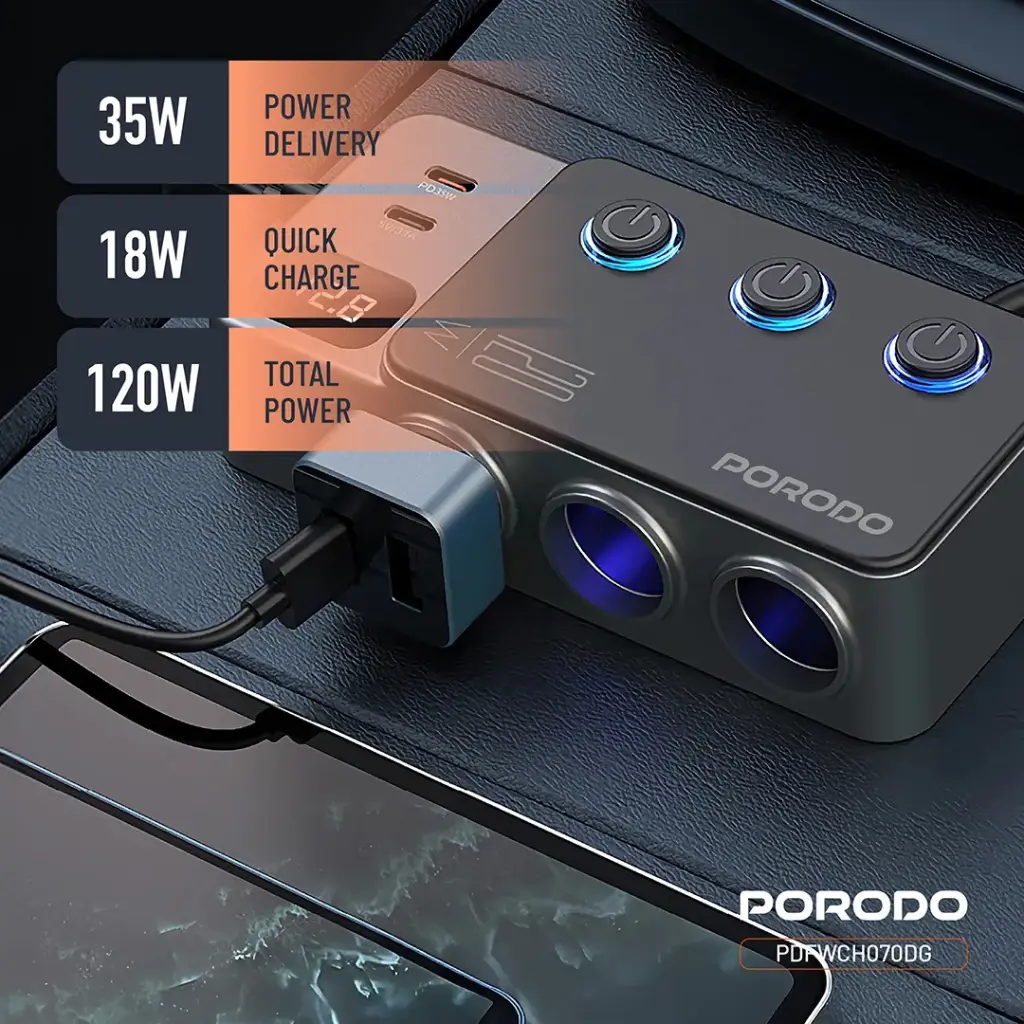 Porodo 120W Car Charger Hub Triple-Port Lighter Socket 8