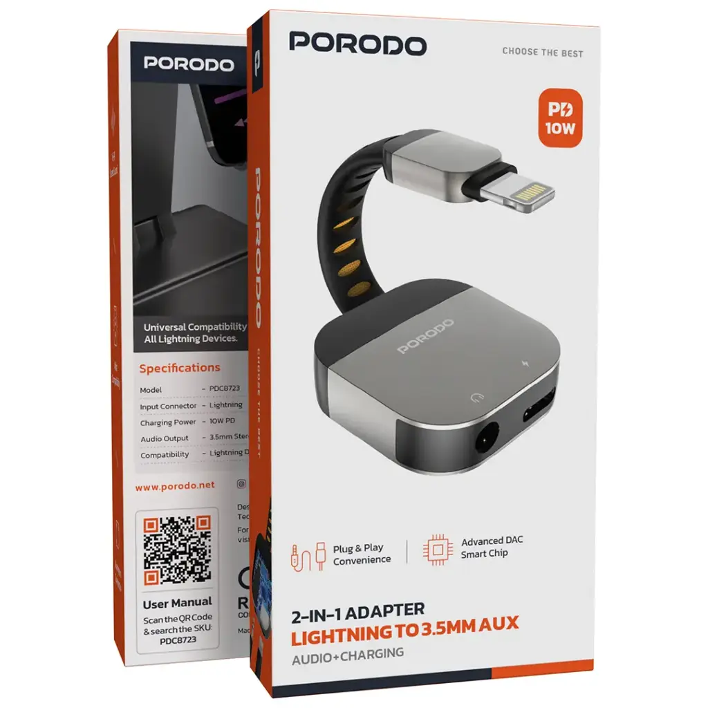 Porodo 2-In-1 Lightning to 3.5mm Aux Audio + Charging Adapter 3