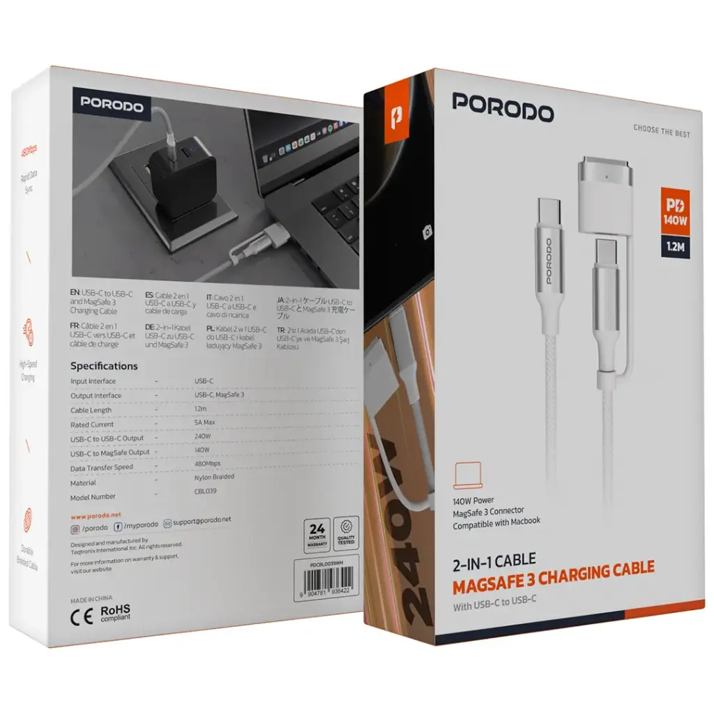 Porodo 2-In-1 Cable MagSafe 3 Charging Cable With USB-C to USB-C 3