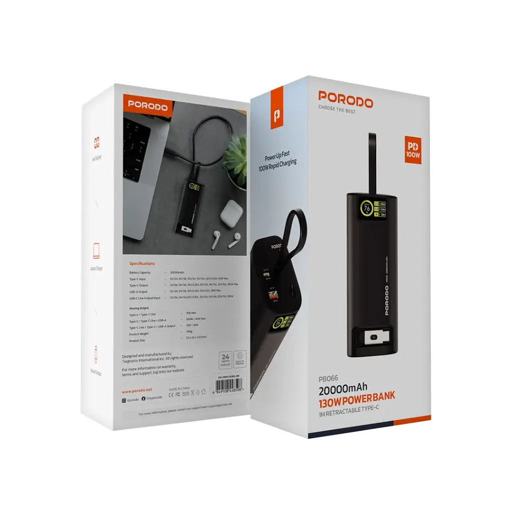 Porodo 20000mAh 130W Power Bank 1M Retractable Type-C Cable 2